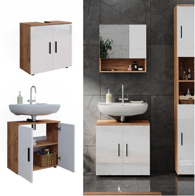 Vicco Waschtischunterschrank Irma Eiche Weiß Hochglanz mit 2 Türen B/T: 60 x 59 cm - Bild 1