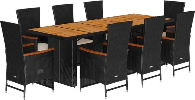 vidaXL 9-teilige Garten-Essgruppe aus PE-Rattan und Akazienholz in Schwarz mit cremeweißen Kissen - Bild 1