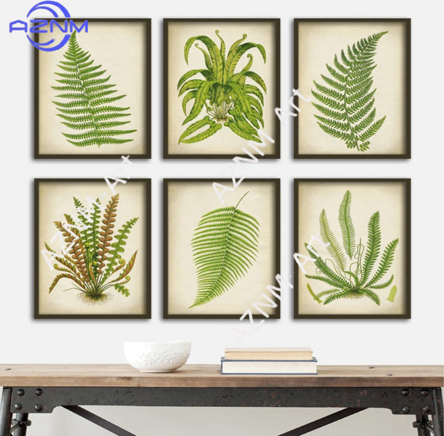 AZNM 6-teiliges Set Wandkunst mit botanischen Farnmotiven in Grün im Vintage-Stil - Bild 1