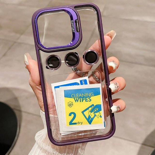 Stoßfeste iPhone Schutzhülle mit Metallkamera-Schutzring und Wärmeableitung für iPhone 11 bis 15 Pro Max, Farbe: Transparent/Lila - Bild 1