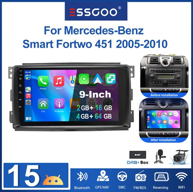ESSGOO Android 15 Autoradio für Mercedes Benz Smart Fortwo 451 (2005-2010) mit 9 Zoll Touchscreen, 2GB RAM, 16GB Speicher, 4G, WLAN, Bluetooth, GPS, Wireless CarPlay und Android Auto in Schwarz - Bild 1