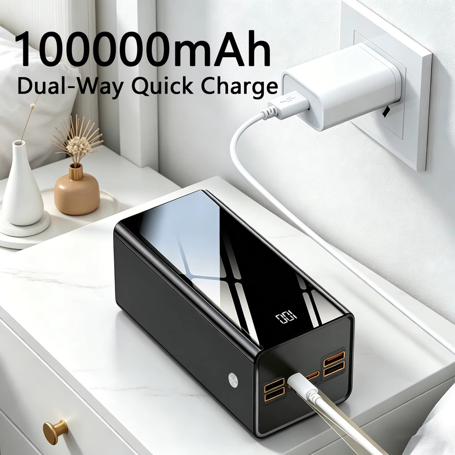 InTessry 66W Schnellladegerät Powerbank mit 100000mAh, Schwarz, 4 USB-Ausgänge und 3 Eingänge (Typ-C, Micro, Lightning), inklusive LED-Display und Taschenlampe - Bild 5