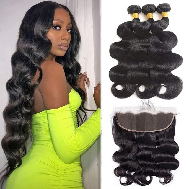 Happy Monday Body Wave 3 Bundles mit Frontal, Echthaar, Naturschwarz - Bild 1