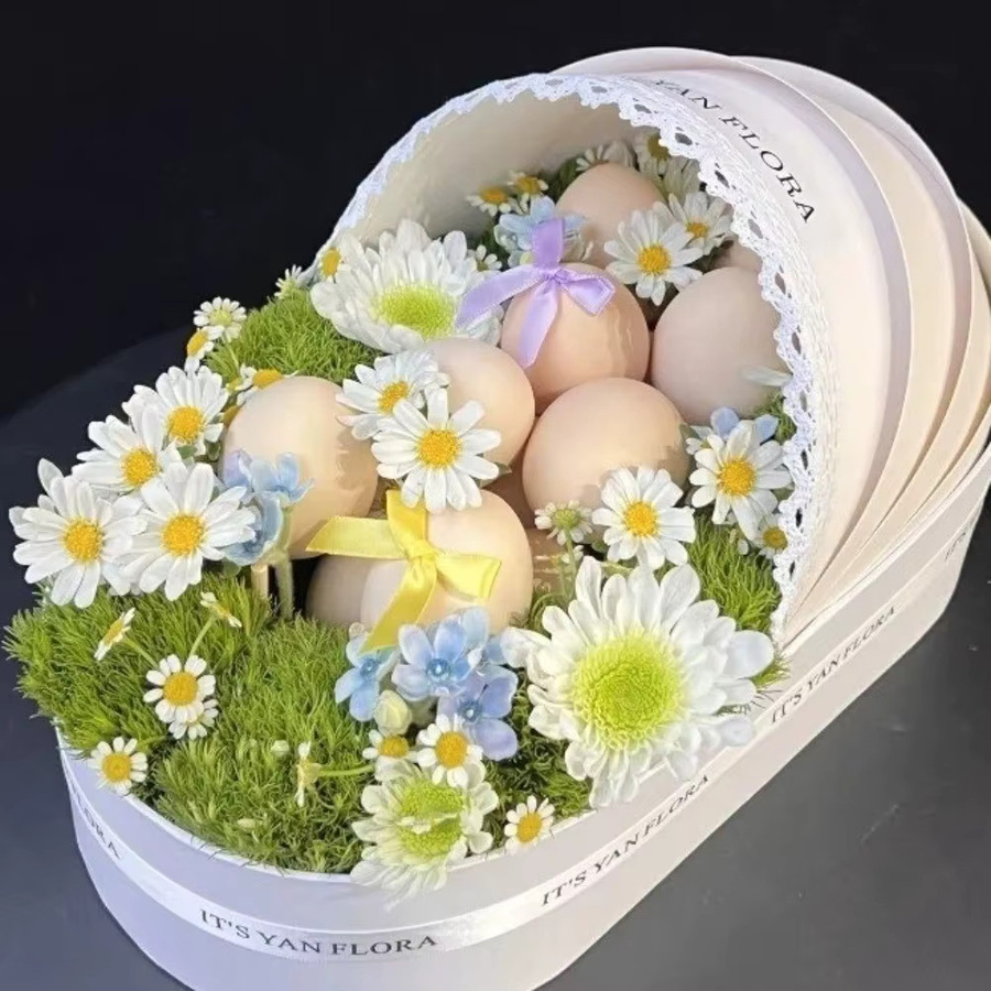 Luxuriöse Baby-Shower Geschenkbox in Blau, Rosa und Weiß für Mondkuchen und frische Blumen - Bild 1