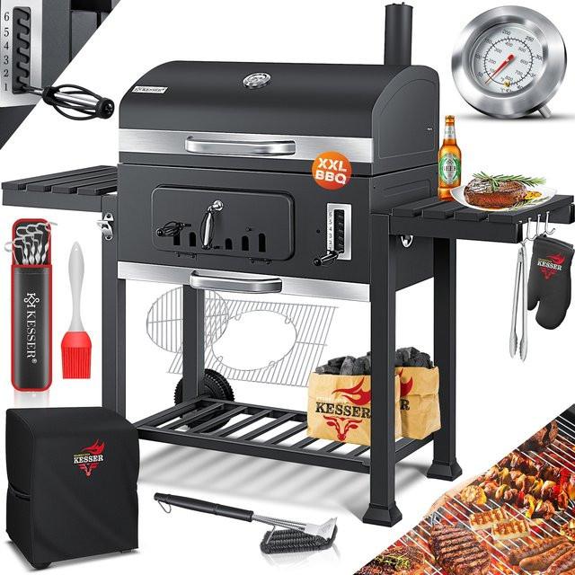 KESSER Grillwagen XXL Holzkohlegrill mit Deckel, Edelstahl-Griff, emailliertem Grillrost und Thermometer - Bild 1