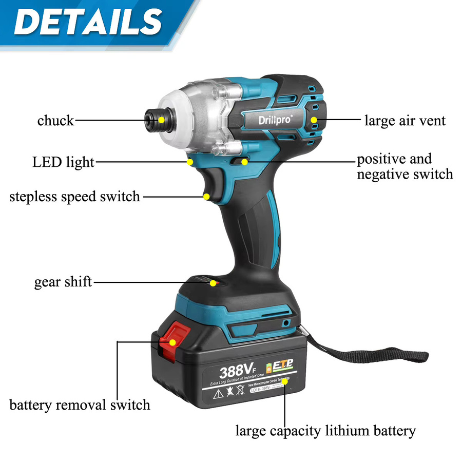 Drillpro Akku-Schlagschrauber mit 520 N.m Drehmoment, bürstenloser elektrischer Schraubendreher mit 1/2 Zoll Antrieb, kompatibel mit Makita LXT Akkus, Blau - Bild 5