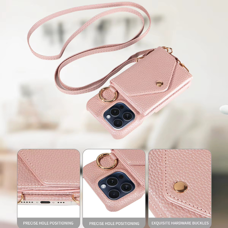 Stilvolle Damen-Umhängetasche aus PU-Leder für iPhone 14 und iPhone 13 Modelle mit langem Lanyard und Spiegel-Telefonabdeckung in Weiß oder Pink - Bild 2