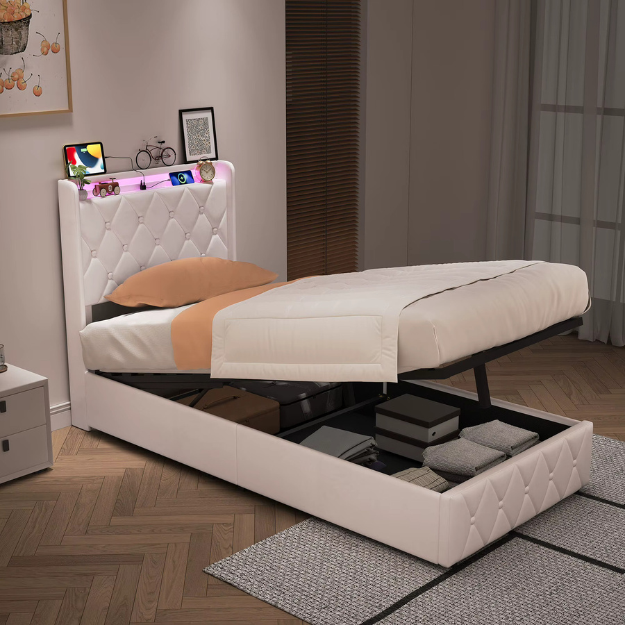 Rosahqnda Polsterbett mit LED-Beleuchtung und USB-Ladestation, Einzelbett aus Samt mit hydraulischem Stauraum und Metallrahmen, B/T: 90 x 200 cm, Beige/Grau - Bild 2