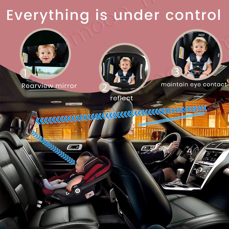 momo&dudu LED-Babyautospiegel in Schwarz mit Fernbedienung und 360 Grad Rotation sowie Nachtsichtfunktion - Bild 3