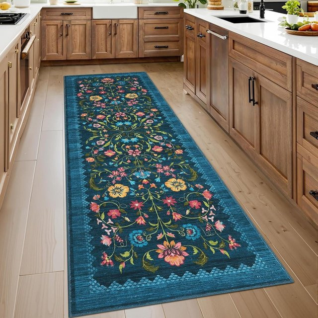 Karpetti Retro Runner Teppich mit Blumendruck in Blau, Nordischer Stil, Maschinenwaschbar und Rutschfest, B/L: 50 x 160 cm - Bild 1