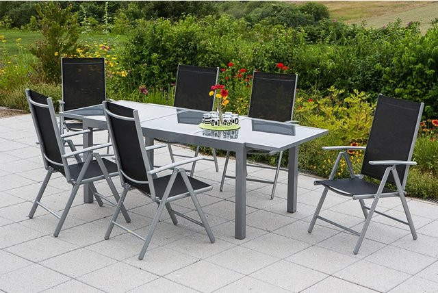 Merxx Gartenmöbel-Set Amalfi 7-teilig in Schwarz mit ausziehbarem Tisch aus Aluminium und Glas - Bild 1