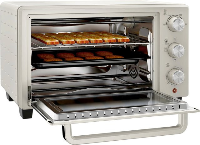 HOMCOM Minibackofen mit Drehspieß, 21 L Toasterofen in Cremeweiß mit Edelstahl und Glas, 3 Kochmodi, 100 °C-230 °C - Bild 1