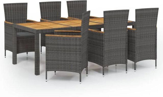 vidaXL 7-tlg Garten-Essgruppe aus Poly Rattan und Akazienholz in Grau mit Kissen Modell 15 - Bild 1