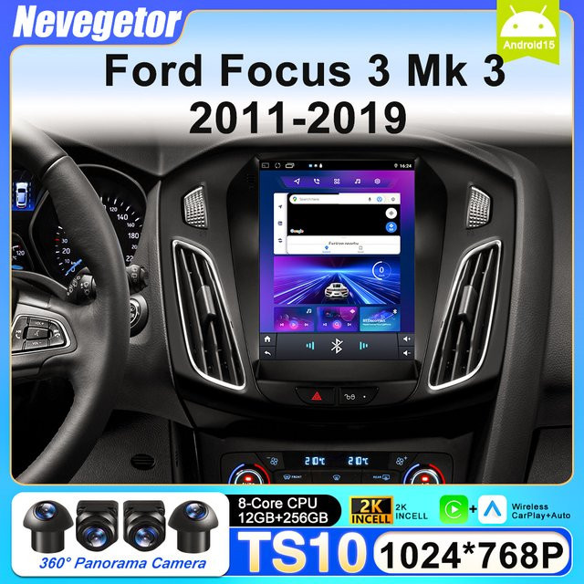 Nevegetor Android 15 Auto Radio für Ford Focus MK3 2011-2019 mit Multimedia Video Player, Navigation, GPS, Bluetooth und CarPlay, 2DIN, Schwarz - Bild 1
