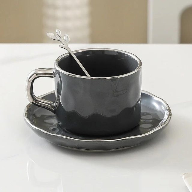 Bestbags Keramik-Kaffeetassen-Set in Grau mit Untertasse und Löffel - Bild 1