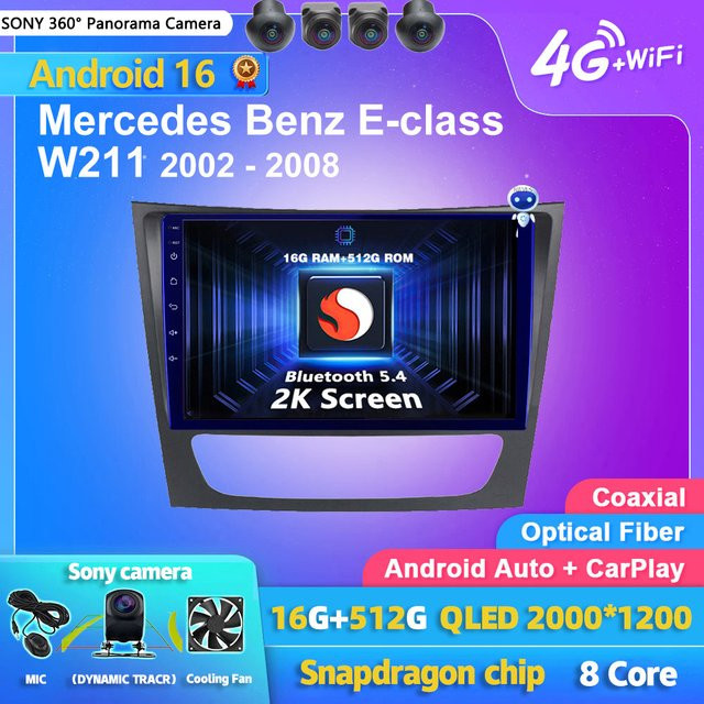 RSNAVI Android 16 Autoradio mit 2K Bildschirm und Carplay für Mercedes Benz E-Klasse W211 2002 - 2008, 2DIN Multimedia-Player Stereo, Schwarz - Bild 1