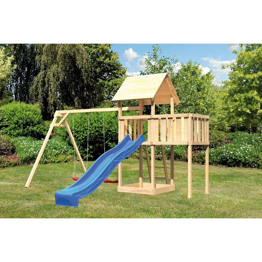 Karibu Spielturm Lotti mit Doppelschaukel, Anbauplattform und Rutsche in Blau - Bild 2