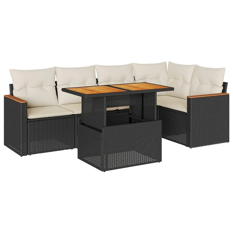 vidaXL 6-teilige Garten-Sofagarnitur aus Poly-Rattan und Akazienholz in Schwarz-Creme mit Kissen - Bild 2