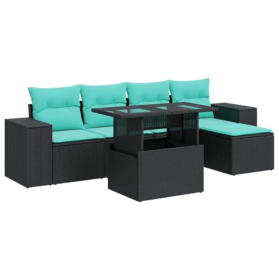 vidaXL 6-teilige Garten-Sofagarnitur in L-Form aus schwarzem Poly-Rattan mit UV-beständigen Kissen und pulverbeschichtetem Stahlgestell - Bild 2