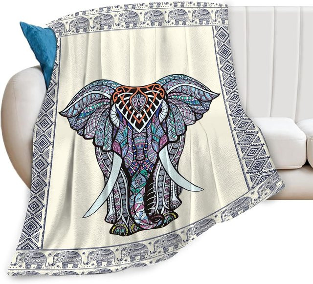 Bohemian Elefant Decke von JMG Household Supplies, beige, Fleece-Überwurf mit ethnischem Stammeskunst-Design, Breite: 100 cm, Tiefe: 130 cm - Bild 1