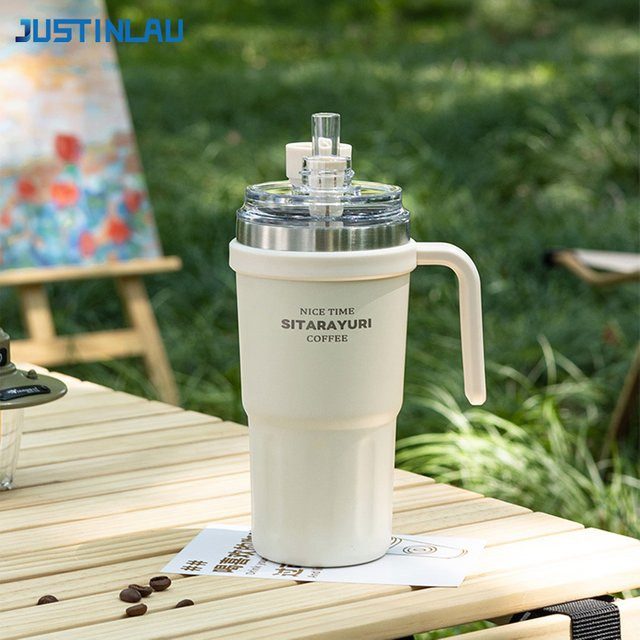 JUSTINLAU Thermosbecher aus Edelstahl mit Strohhalm, vakuumisoliert, 600ml, Grün/Weiß - Bild 1