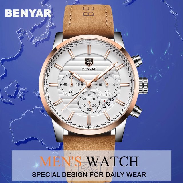 BENYAR Armbanduhr Quarz, Leder, Weiß, Roségold, Herren - Bild 1