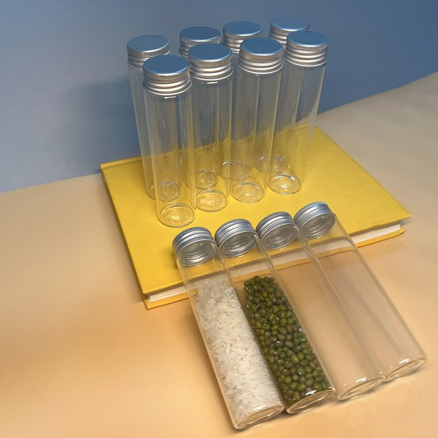 LYGIL Set aus 12 transparenten Glasröhrchen mit Aluminiumdeckeln, 60 ml Volumen, luftdichte Gewürzbehälter für Trockenkörner - Bild 1