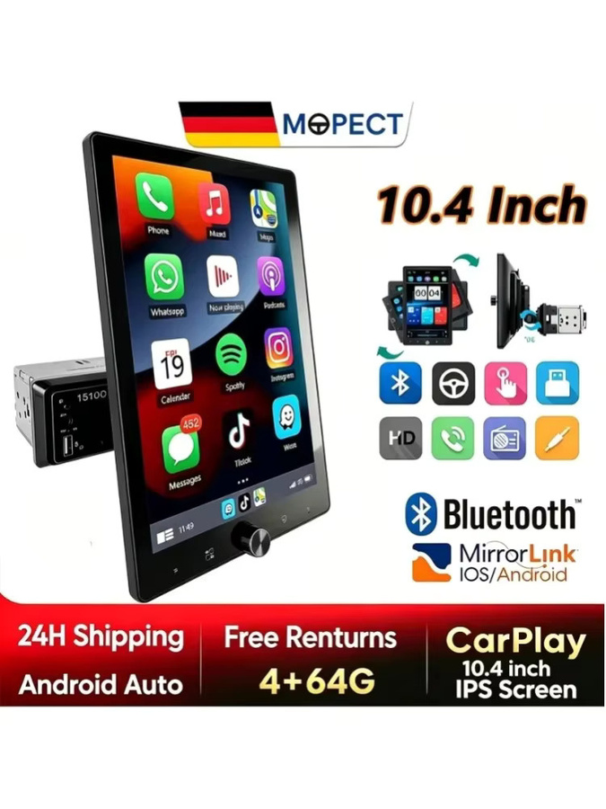 MOPECT 10,4 Zoll Single DIN Autoradio mit drehbarem IPS Touchscreen, Apple CarPlay und Android Auto, Multimedia-Player in Schwarz mit Bluetooth, USB und FM - Bild 6