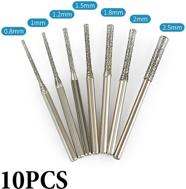 10 Stück DAZZLEEX Diamantbohrer Set für Glas, Jade und Bernstein mit 2,35 mm Schaft, Durchmesser: 0,8-2,5 mm, Farbe: Silber - Bild 1