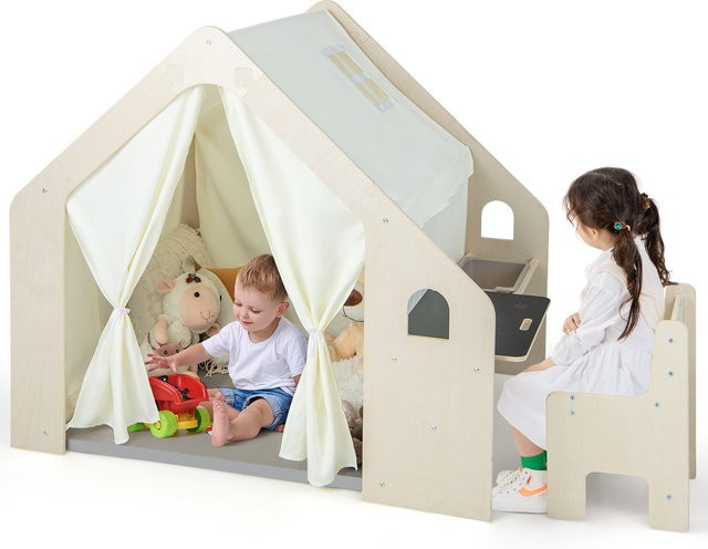 GOFLAME 6-in-1 Kinderzelt aus Holz mit Kindertisch, Stuhl, Spielmatte, Tafel und Aufbewahrung in Beige - Bild 1