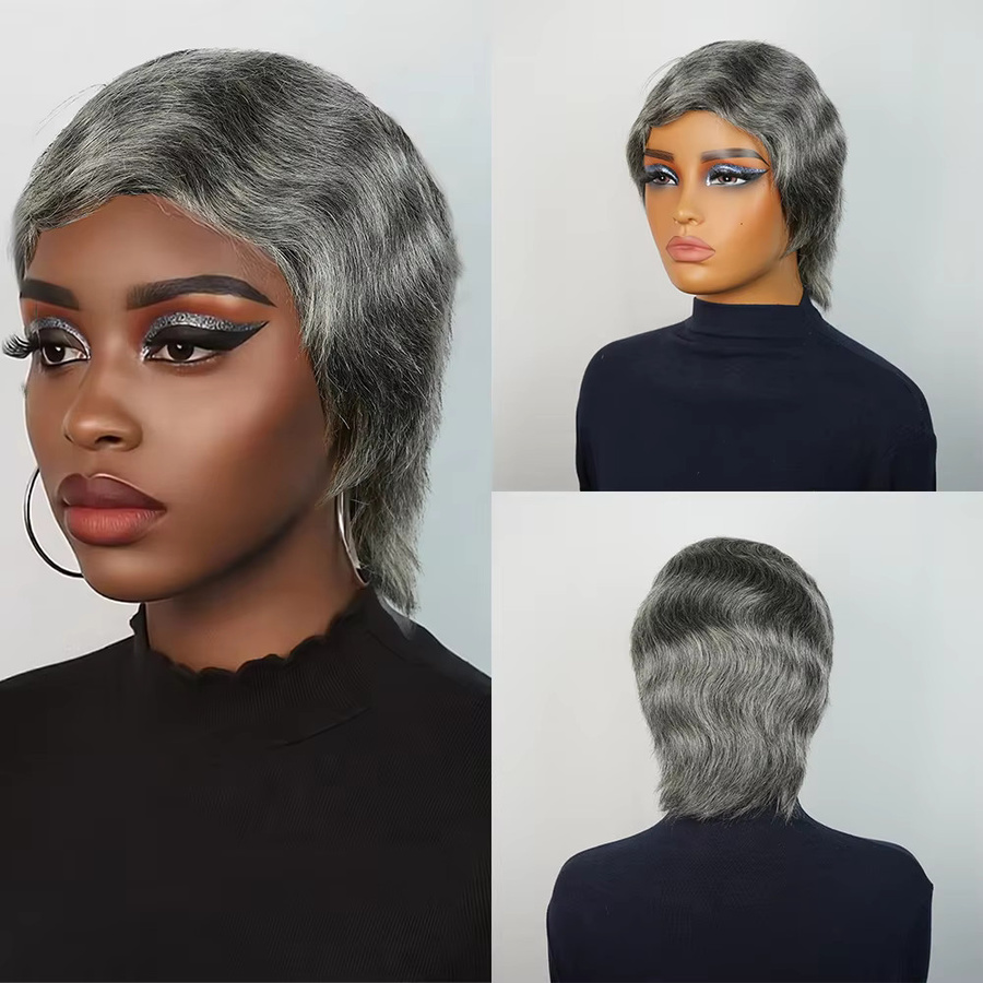 OYM HAIR Echthaar-Perücke, Pixie-Schnitt mit Pony, grau, Damen - Bild 2