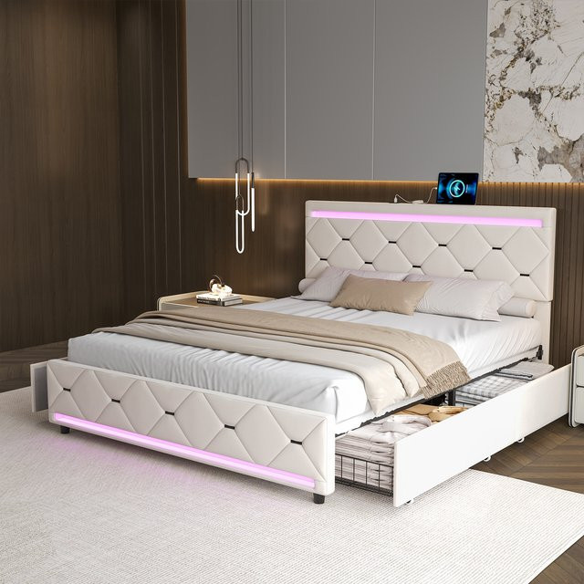 fangange Bettgestell mit Samtbezug in Beige mit vier Aufbewahrungsschubladen, LED-Farbwechselbeleuchtung und USB-Ladeanschlüssen, robustes Metall-Holzlattenrost-Bett, 160 x 200 cm - Bild 1