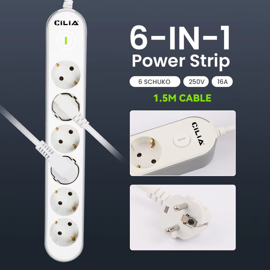 CILIA Mehrfachsteckdose mit Verlängerungskabel als EU Rundstift-Netzsteckdose in Weiß, 2500W - Bild 2