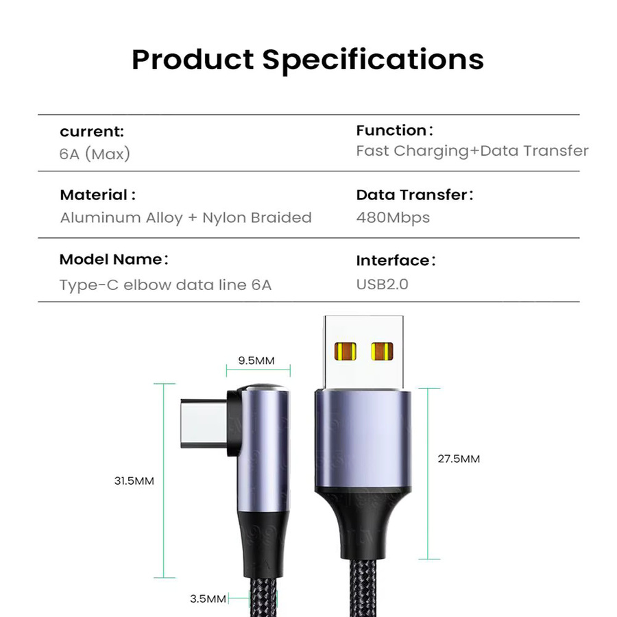 MIIQNUS USB-A zu USB-C Kabel mit 90-Grad-Winkel, 4,0 rechtwinkliges 100W PD Schnellladekabel für Laptop und Mobiltelefone - Bild 3