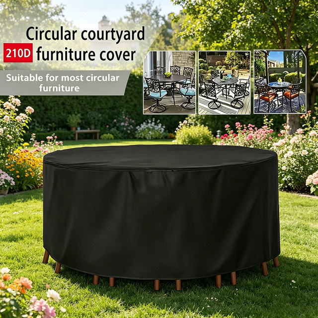 MY·BAKERMAN Runde Outdoor-Möbelschutzhülle für Gartentisch und Stühle aus wasserabweisendem Oxford-Stoff, Schwarz - Bild 1