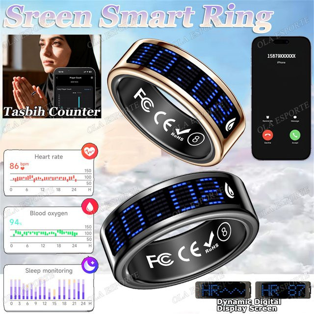 Ola Esporte Smart Ring 2026 mit dynamischem Bildschirm, Herzfrequenz- und Blutsauerstoffmonitor, 5 ATM wasserdicht, Schwarz, Unisex - Bild 1