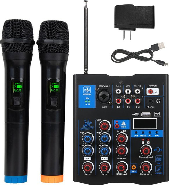 Igeteck Professioneller Audiomixer mit zwei drahtlosen Mikrofonen und Soundboard-Konsolenschnittstelle in Schwarz - Bild 1