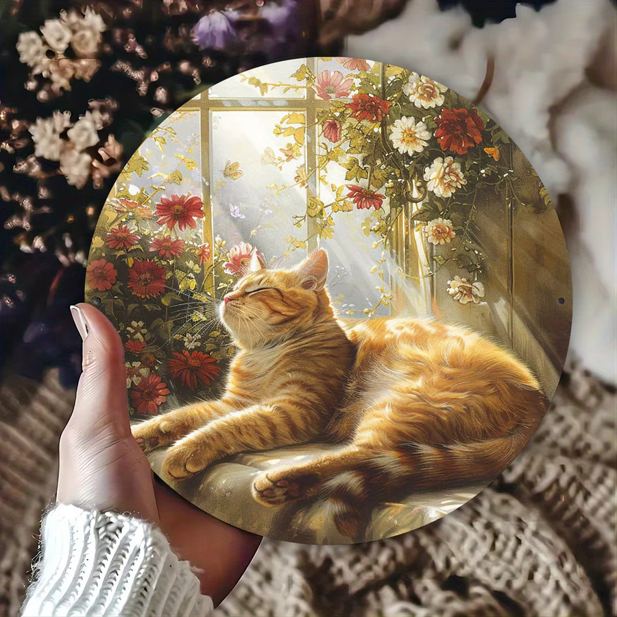 HELLOYOUNG Metallschild Ginger Tabby Cat in Sunlight mit floralem Motiv, rund, Mehrfarbig, Durchmesser: 20 cm - Bild 2