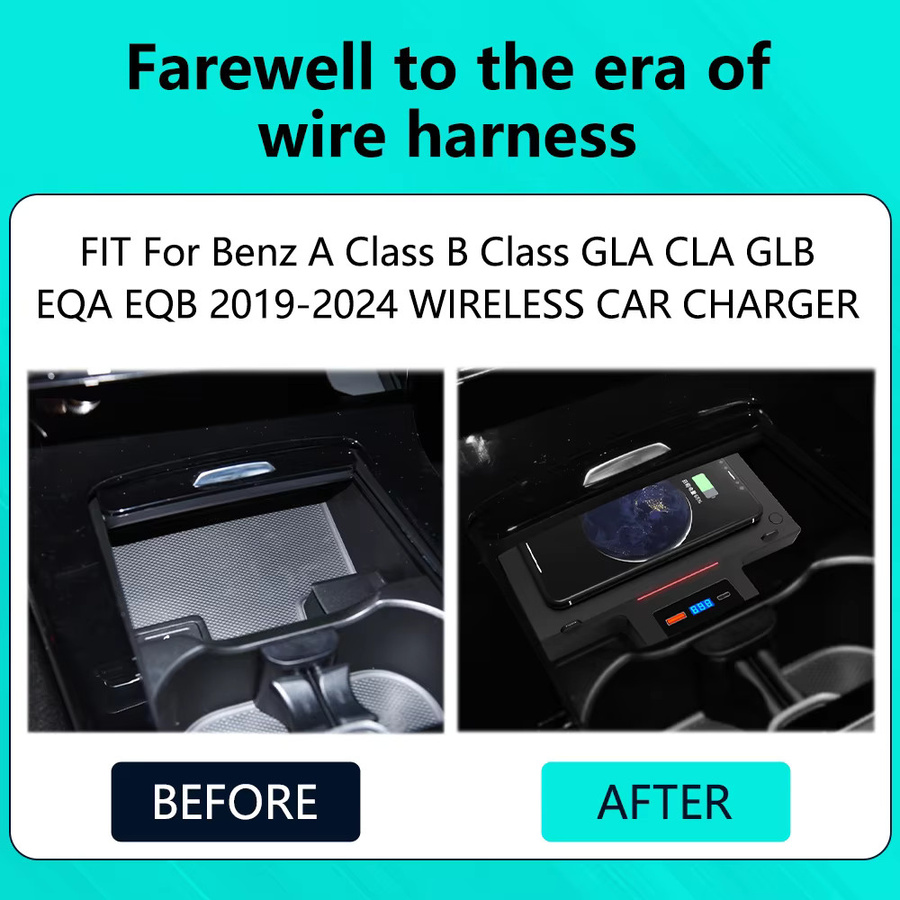 Icreative Qi 15W Schnellladepad für iPhone, kabelloses Induktionsladegerät für Mercedes Benz A-Klasse, B-Klasse, GLB, CLA, GLA, EQA, EQB (2015-2018), Schwarz - Bild 3