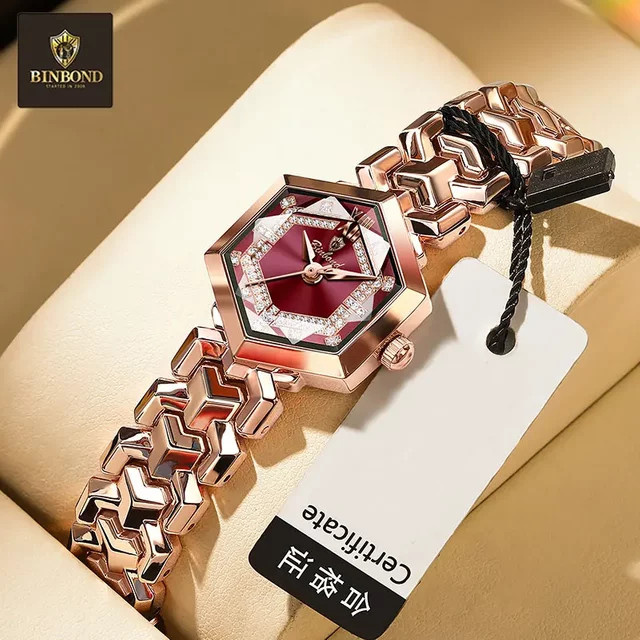 BINBOND Armbanduhr Damen, Edelstahl, Roségold, Quarz, Diamantbesetzt, Eckig - Bild 1