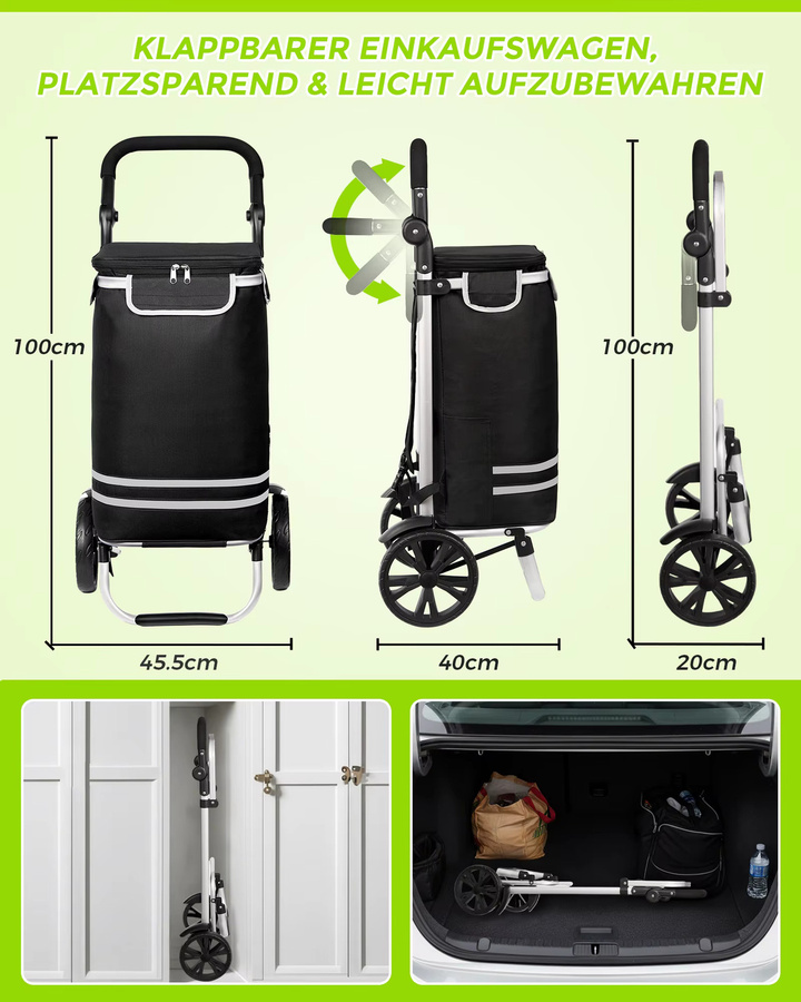 Oak & Tea 3-in-1 Klappbarer Einkaufstrolley in Schwarz mit 56L Volumen und Isolierfutter - Bild 2