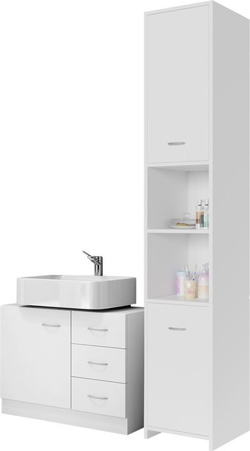 CASARIA Badmöbel-Set Neapel 2-tlg in Weiß bestehend aus Waschbeckenunterschrank und Badezimmerhochschrank aus MDF - Bild 1