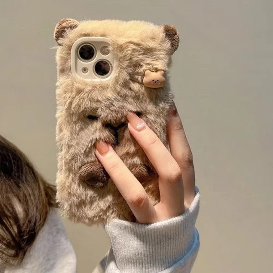 Flauschige Capybara Handyhülle aus Plüsch für Apple iPhone 17 Air 16 Pro Max 15 14 13 12 11 in Braun - Bild 3