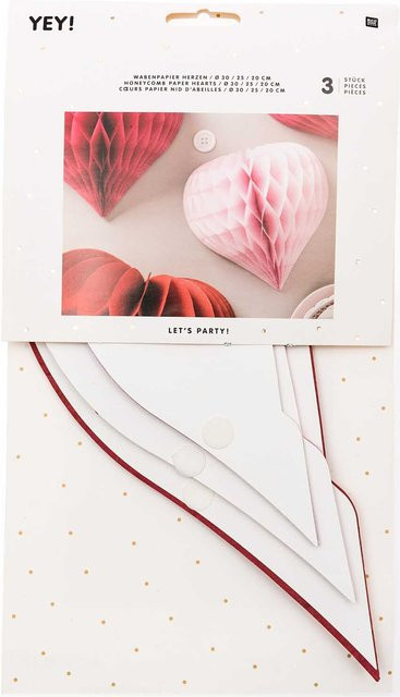 Rico Design Wabenpapier Herzen in Rosa-Rot für Hochzeit und Party, 3 Stück - Bild 1