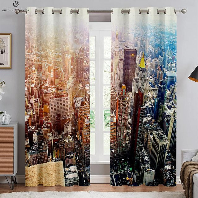 Yiran Furniture Dekorative Vorhänge mit Stadtgebäude Nachtansicht und Meer Motiv, 2er Set, B: 50 cm, H: 130 cm, Mehrfarbig - Bild 1