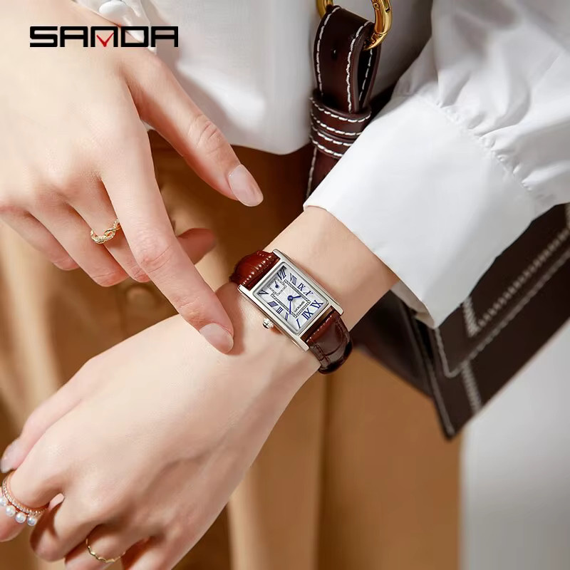 SANDA Armbanduhr, Quarz, rechteckig, Leder, Gold, Weiß, Damen - Bild 3