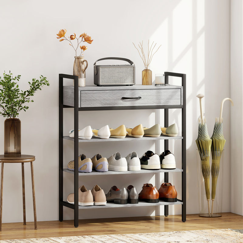 HOMCOM Schuhregal aus Metall mit 4 Ebenen und Schublade in Grau, platzsparender Schuhständer für Flur und Wohnzimmer, B/T/H: 70 x 30 x 87,6 cm - Bild 2