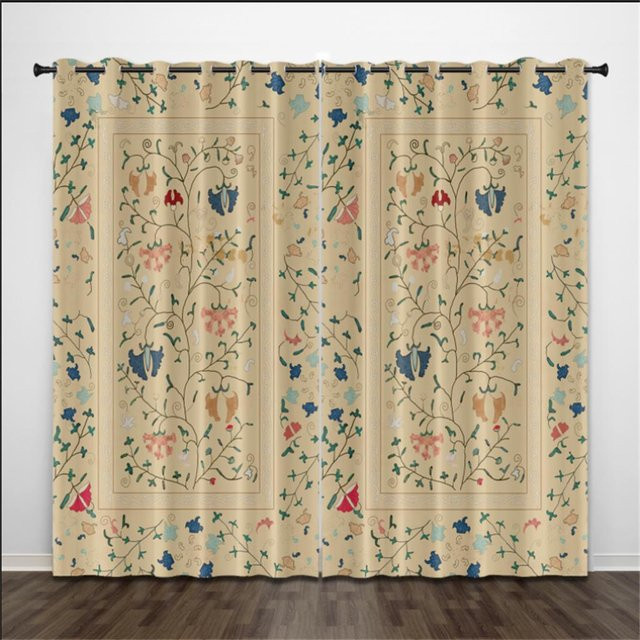 Yiran Furniture Dekorative Vorhänge mit 3D Europäischem Vintage-Print in Beige, 2 Paneele mit Ösen, Floral und Klassisch, Breite: 60 cm, Höhe: 230 cm - Bild 1