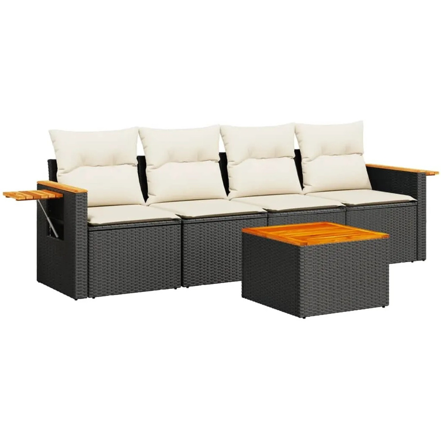 vidaXL 5-teilige Garten-Sofagarnitur aus Poly-Rattan und Akazienholz in Schwarz mit Kissen - Bild 2