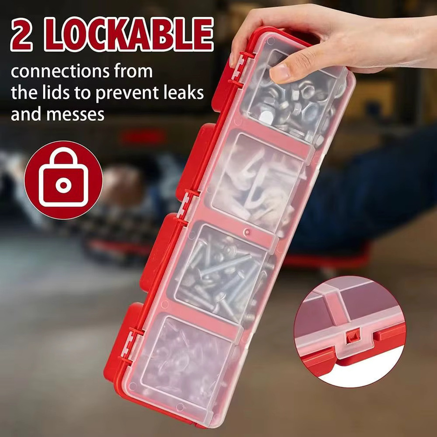 Schrauben Organizer Box aus Kunststoff mit 4 Fächern und Deckel in Rot - Bild 3